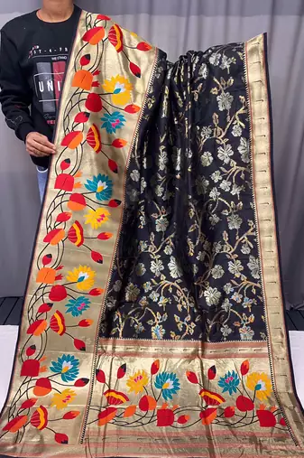 Black Color Soft Paithani Silk Saree With Rich Weaved Paithani Pallu & 3D Traditional Design With Gold And Silver Zari