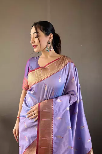Lavender Color Paithani silk blend Saree With Rich Contrast Weaving Pallu , Border And Beautiful Buttis