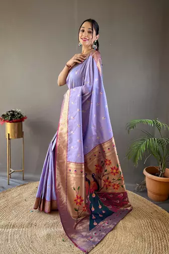 Lavender Color Paithani silk blend Saree With Rich Contrast Weaving Pallu , Border And Beautiful Buttis