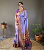 Lavender Color Paithani silk blend Saree With Rich Contrast Weaving Pallu , Border And Beautiful Buttis