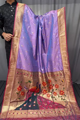 Lavender Color Paithani silk blend Saree With Rich Contrast Weaving Pallu , Border And Beautiful Buttis