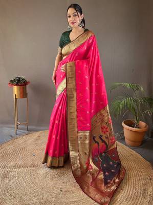 Pink Color Paithani silk blend Saree With Rich Contrast Weaving Pallu , Border And Beautiful Buttis 1