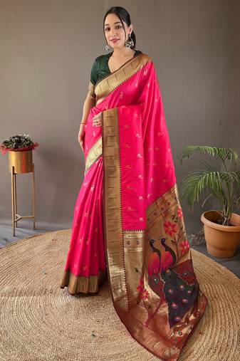 Pink Color Paithani silk blend Saree With Rich Contrast Weaving Pallu , Border And Beautiful Buttis