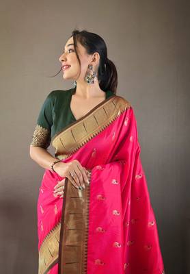 Pink Color Paithani silk blend Saree With Rich Contrast Weaving Pallu , Border And Beautiful Buttis 3