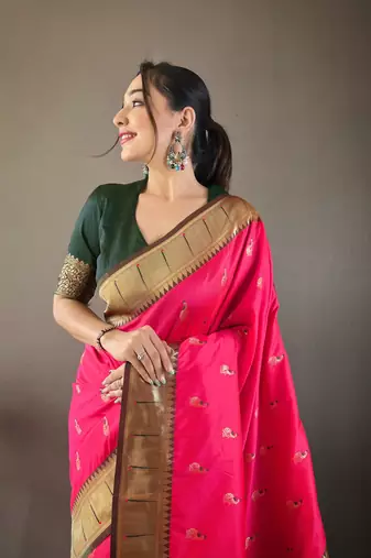 Pink Color Paithani silk blend Saree With Rich Contrast Weaving Pallu , Border And Beautiful Buttis