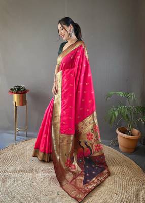 Pink Color Paithani silk blend Saree With Rich Contrast Weaving Pallu , Border And Beautiful Buttis 4