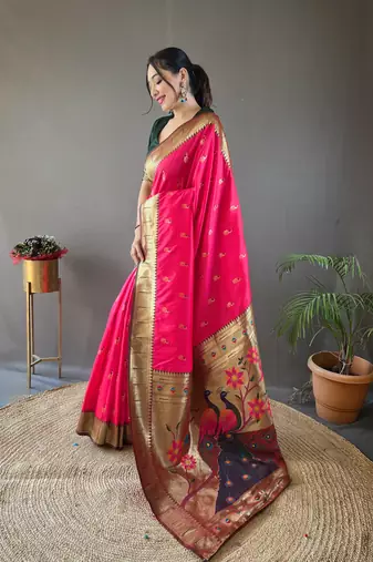 Pink Color Paithani silk blend Saree With Rich Contrast Weaving Pallu , Border And Beautiful Buttis