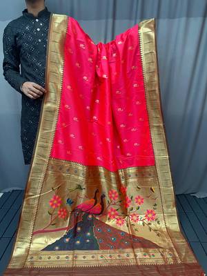 Pink Color Paithani silk blend Saree With Rich Contrast Weaving Pallu , Border And Beautiful Buttis 5