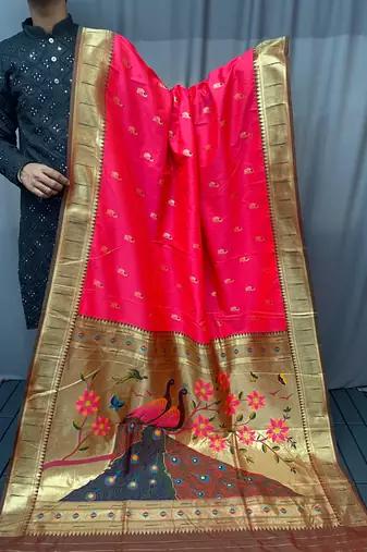 Pink Color Paithani silk blend Saree With Rich Contrast Weaving Pallu , Border And Beautiful Buttis