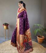 Purple Color Paithani silk blend Saree With Rich Contrast Weaving Pallu , Border And Beautiful Buttis