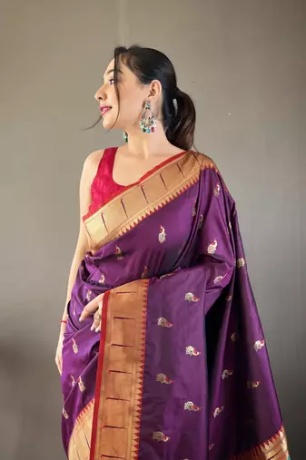 Purple Color Paithani silk blend Saree With Rich Contrast Weaving Pallu , Border And Beautiful Buttis