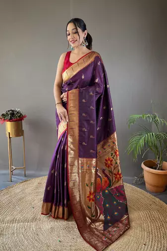 Purple Color Paithani silk blend Saree With Rich Contrast Weaving Pallu , Border And Beautiful Buttis