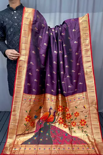 Purple Color Paithani silk blend Saree With Rich Contrast Weaving Pallu , Border And Beautiful Buttis