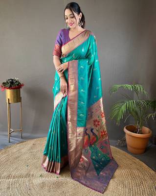 Rama Color Paithani silk blend Saree With Rich Contrast Weaving Pallu , Border And Beautiful Buttis 1