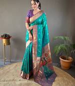 Rama Color Paithani silk blend Saree With Rich Contrast Weaving Pallu , Border And Beautiful Buttis