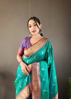 Rama Color Paithani silk blend Saree With Rich Contrast Weaving Pallu , Border And Beautiful Buttis 3