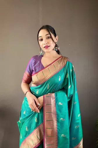 Rama Color Paithani silk blend Saree With Rich Contrast Weaving Pallu , Border And Beautiful Buttis