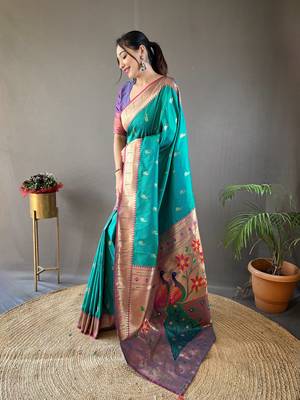 Rama Color Paithani silk blend Saree With Rich Contrast Weaving Pallu , Border And Beautiful Buttis 4