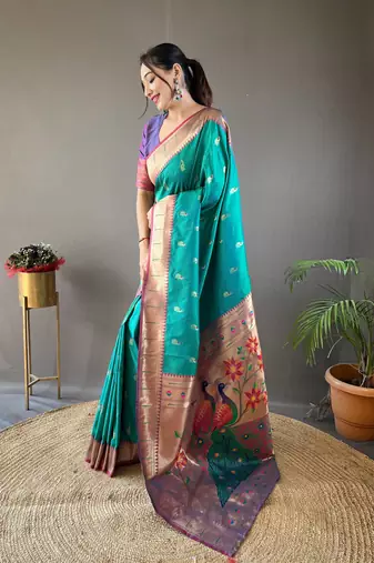 Rama Color Paithani silk blend Saree With Rich Contrast Weaving Pallu , Border And Beautiful Buttis