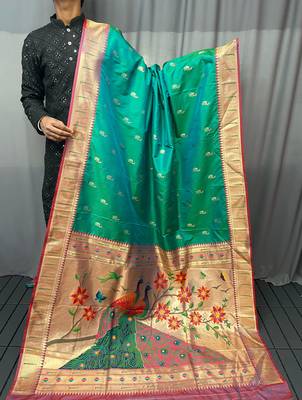 Rama Color Paithani silk blend Saree With Rich Contrast Weaving Pallu , Border And Beautiful Buttis 5
