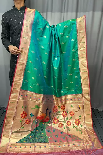 Rama Color Paithani silk blend Saree With Rich Contrast Weaving Pallu , Border And Beautiful Buttis