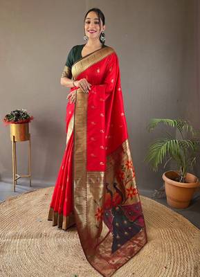 Red Color Paithani silk blend Saree With Rich Contrast Weaving Pallu , Border And Beautiful Buttis 1