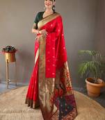 Red Color Paithani silk blend Saree With Rich Contrast Weaving Pallu , Border And Beautiful Buttis