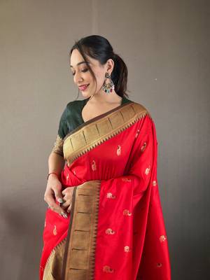 Red Color Paithani silk blend Saree With Rich Contrast Weaving Pallu , Border And Beautiful Buttis 3