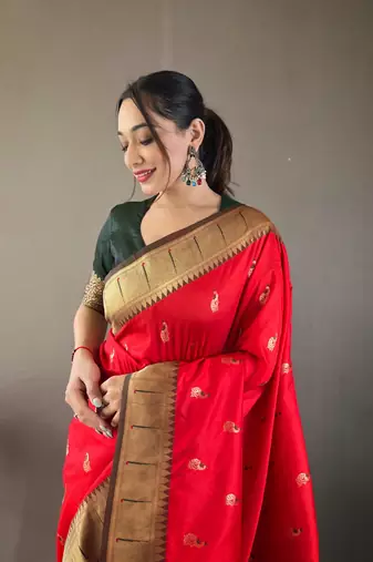 Red Color Paithani silk blend Saree With Rich Contrast Weaving Pallu , Border And Beautiful Buttis