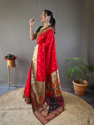 Red Color Paithani silk blend Saree With Rich Contrast Weaving Pallu , Border And Beautiful Buttis 4