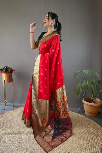 Red Color Paithani silk blend Saree With Rich Contrast Weaving Pallu , Border And Beautiful Buttis