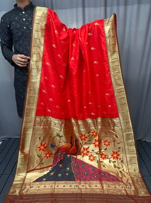Red Color Paithani silk blend Saree With Rich Contrast Weaving Pallu , Border And Beautiful Buttis 5