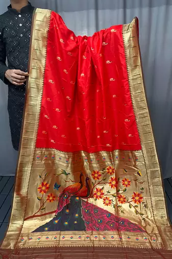 Red Color Paithani silk blend Saree With Rich Contrast Weaving Pallu , Border And Beautiful Buttis
