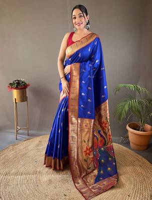 Violet Color Paithani silk blend Saree With Rich Contrast Weaving Pallu , Border And Beautiful Buttis 1