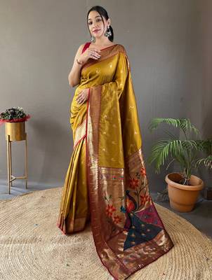 Yellow Color Paithani silk blend Saree With Rich Contrast Weaving Pallu , Border And Beautiful Buttis 1