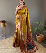 Yellow Color Paithani silk blend Saree With Rich Contrast Weaving Pallu , Border And Beautiful Buttis
