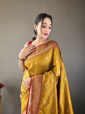 Yellow Color Paithani silk blend Saree With Rich Contrast Weaving Pallu , Border And Beautiful Buttis 3
