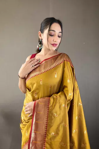 Yellow Color Paithani silk blend Saree With Rich Contrast Weaving Pallu , Border And Beautiful Buttis