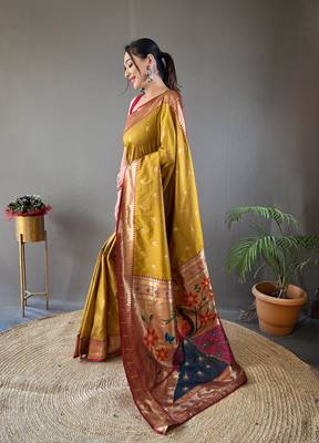 Yellow Color Paithani silk blend Saree With Rich Contrast Weaving Pallu , Border And Beautiful Buttis 4