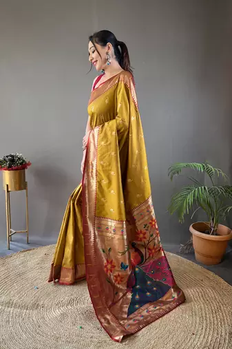 Yellow Color Paithani silk blend Saree With Rich Contrast Weaving Pallu , Border And Beautiful Buttis