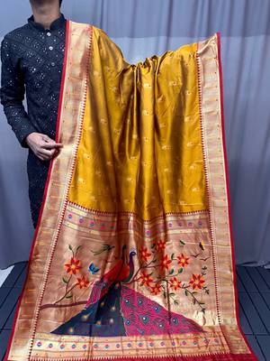 Yellow Color Paithani silk blend Saree With Rich Contrast Weaving Pallu , Border And Beautiful Buttis 5