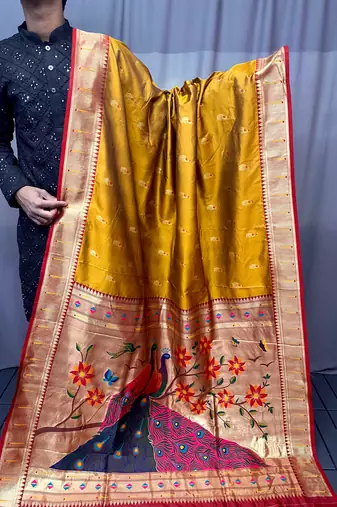 Yellow Color Paithani silk blend Saree With Rich Contrast Weaving Pallu , Border And Beautiful Buttis