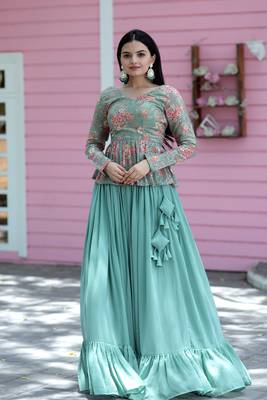 Premium Designer Digital Print & Rich Sequins Embroidered work Blouse With Plain Lehenga 3
