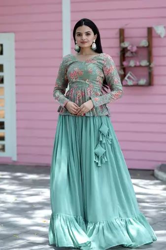 Premium Designer Digital Print & Rich Sequins Embroidered work Blouse With Plain Lehenga