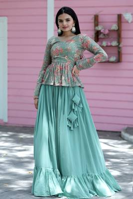 Premium Designer Digital Print & Rich Sequins Embroidered work Blouse With Plain Lehenga 1
