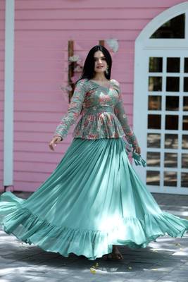 Premium Designer Digital Print & Rich Sequins Embroidered work Blouse With Plain Lehenga 4