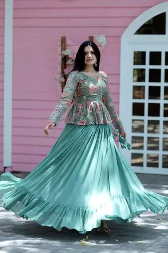 Premium Designer Digital Print & Rich Sequins Embroidered work Blouse With Plain Lehenga