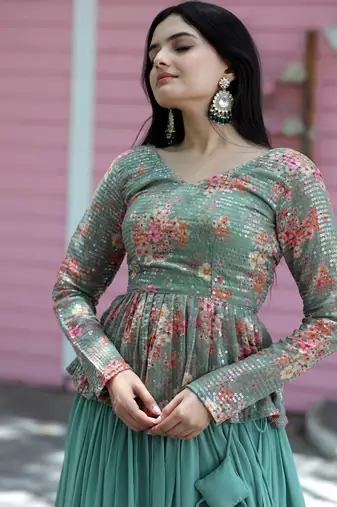 Premium Designer Digital Print & Rich Sequins Embroidered work Blouse With Plain Lehenga