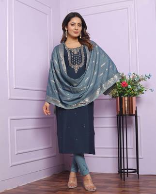 Blue rusian silk designer premium ready to wear kurta set 1