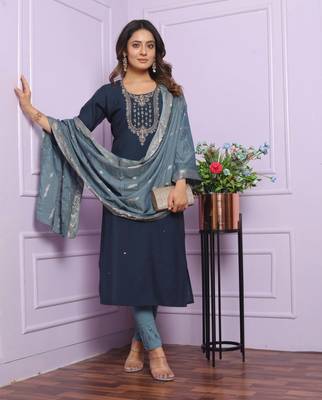 Blue rusian silk designer premium ready to wear kurta set 3